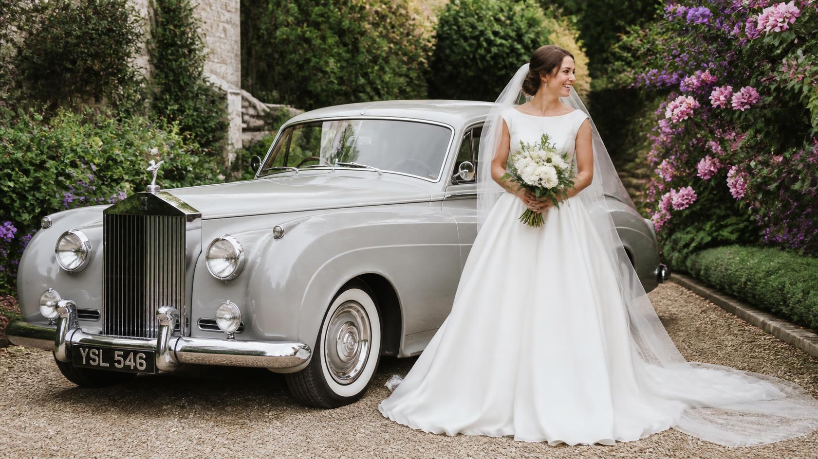 Smiling bride leaning on a chauffeur-driven 1957 Rolls-Royce Silver Cloud antique car in Washington DC