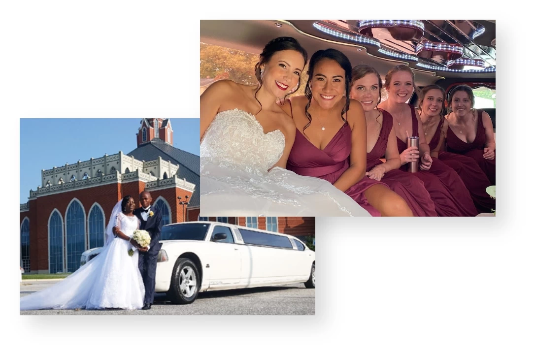 Girls in a wedding limo and married couple in front of a church and white limo.