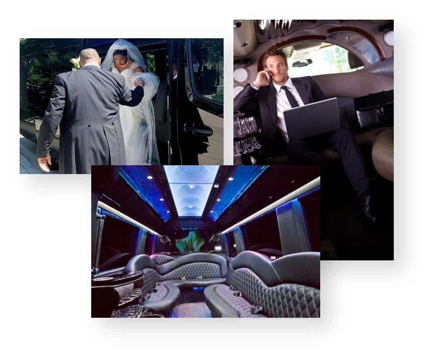 Collage of wedding and business limousines.