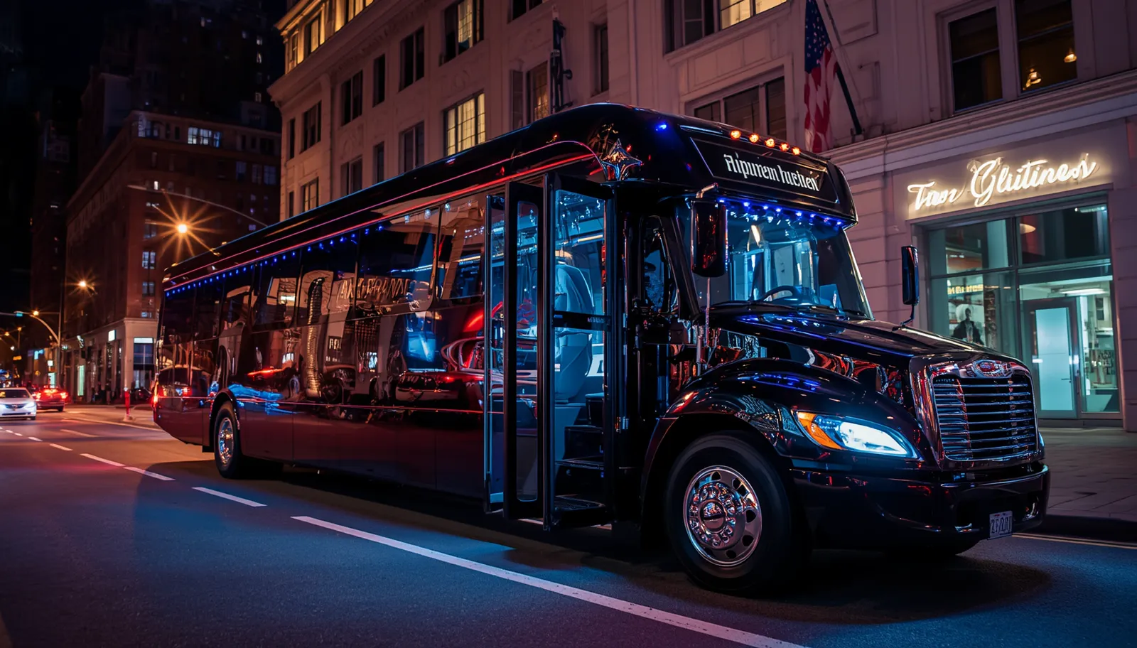 Party bus outside Art All Night DC festival neighborhood for group transportation