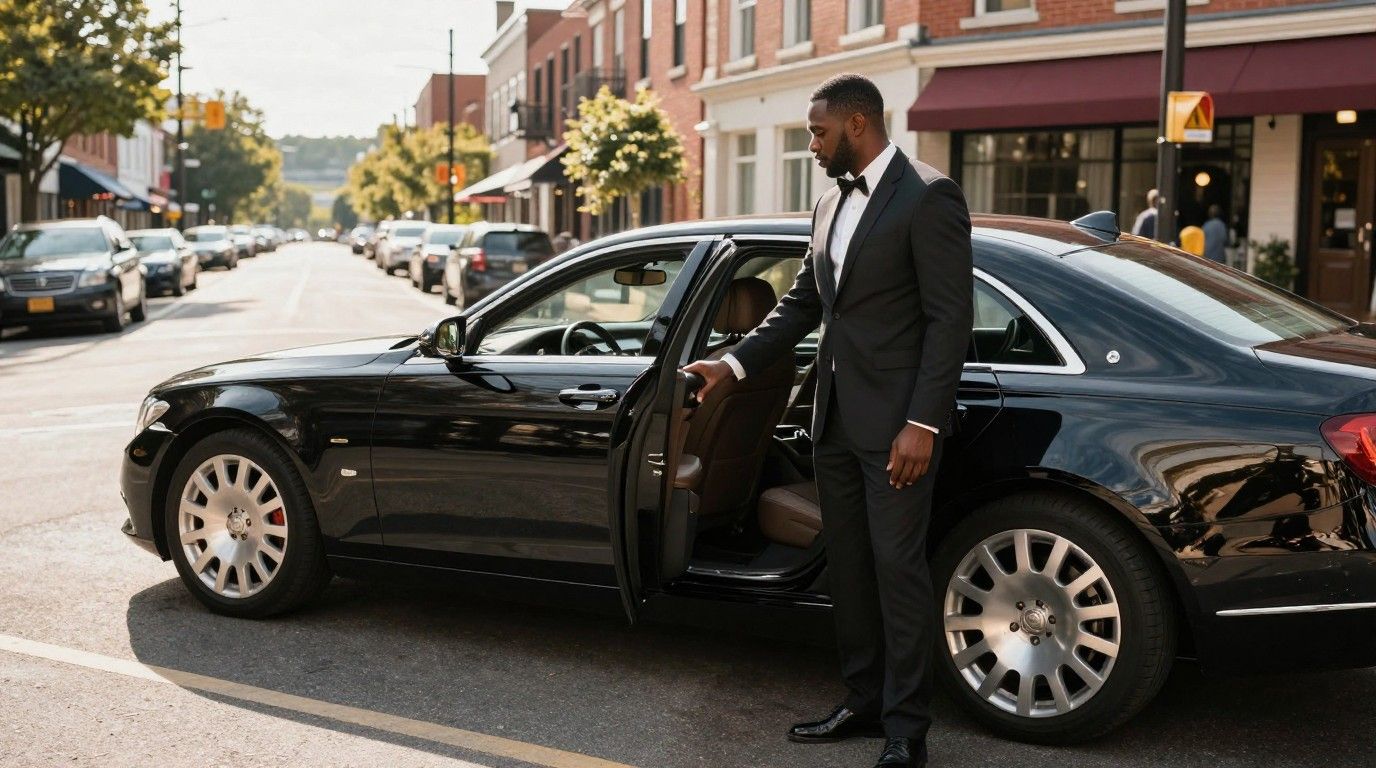 Black executive car service picking up a passenger in Fairfax, Virginia