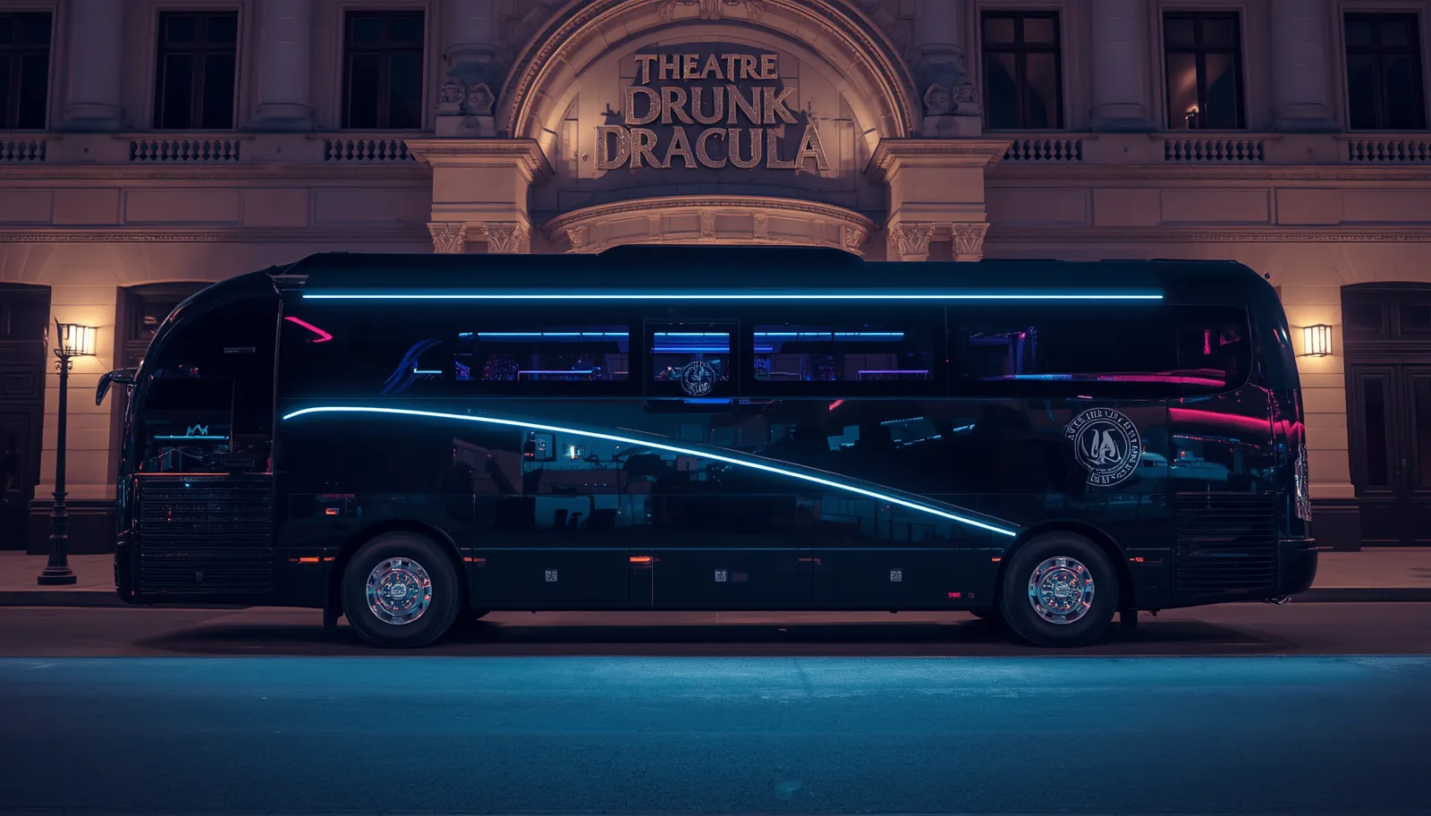 Group of friends arriving by party bus to see Drunk Dracula at The Sage Theatre speakeasy in downtown Washington DC 2026