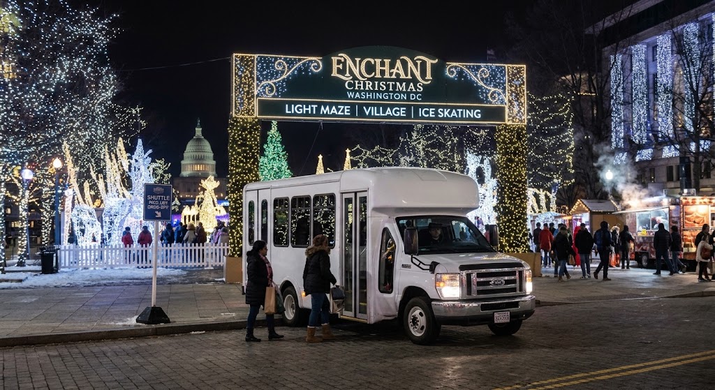 Family arriving by party bus at Nationals Park Washington DC for Enchant Christmas light maze ice skating and holiday market December 2026