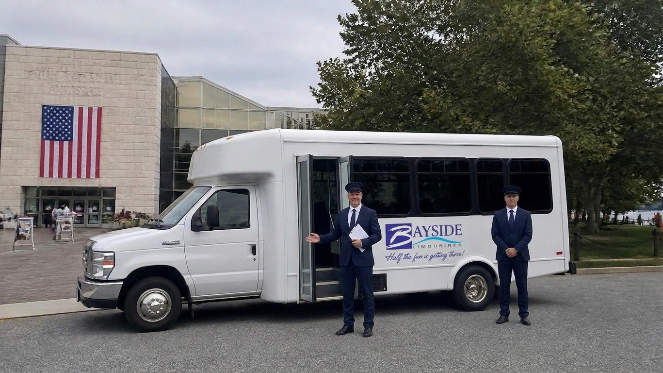 Bayside Limousines shuttle bus outside Herrington on the Bay wedding venue in Rose Haven, Maryland