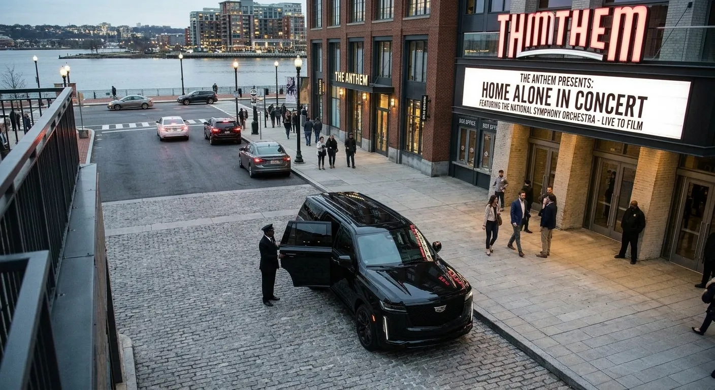 Family with children arriving by private vehicle at The Wharf Washington DC for Home Alone in Concert NSO family holiday show December 8 2026