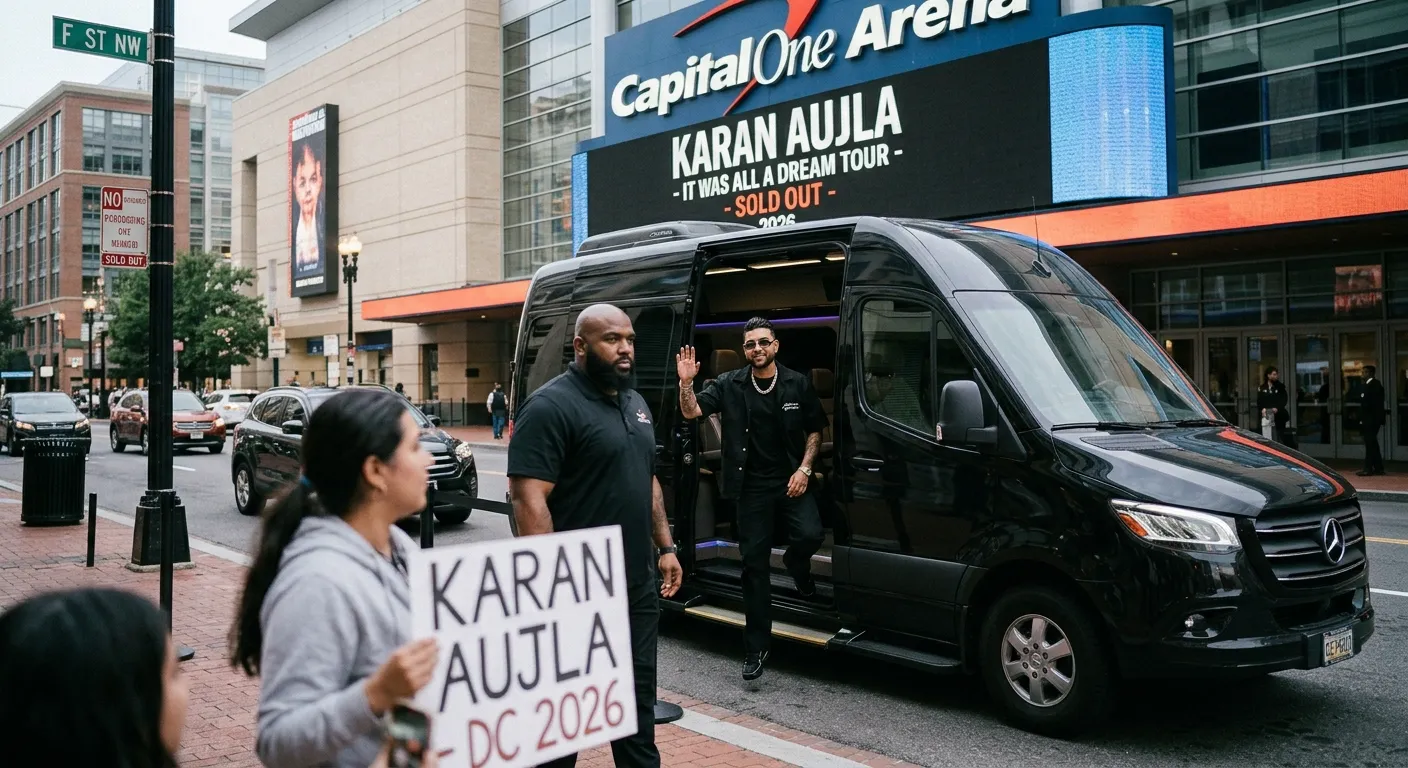 Group of Karan Aujla fans arriving by party bus at Capital One Arena Washington DC for the P-Pop Culture Tour concert November 20 2026