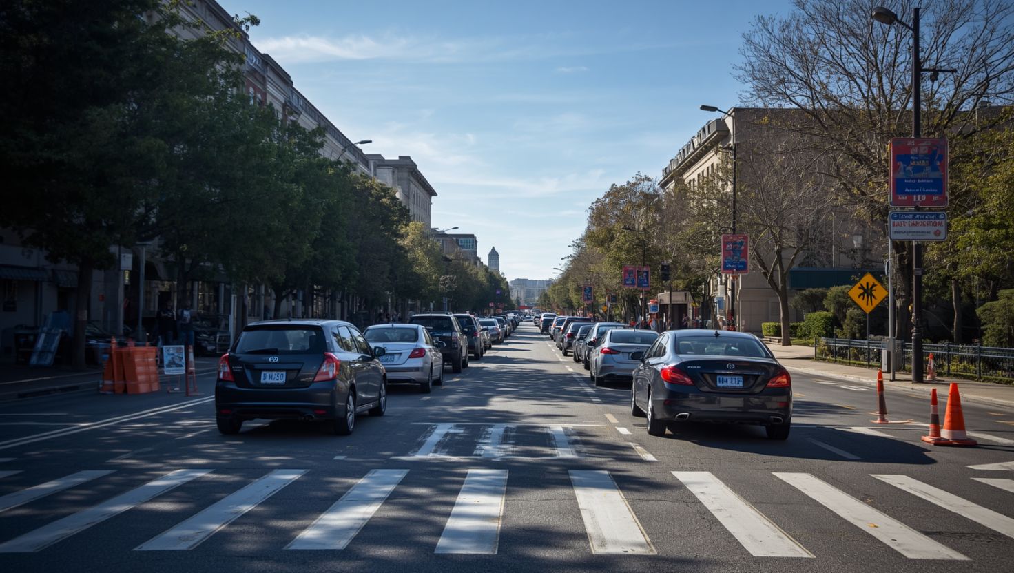 Marine Corps Marathon road closure signs along a Washington DC street on race morning