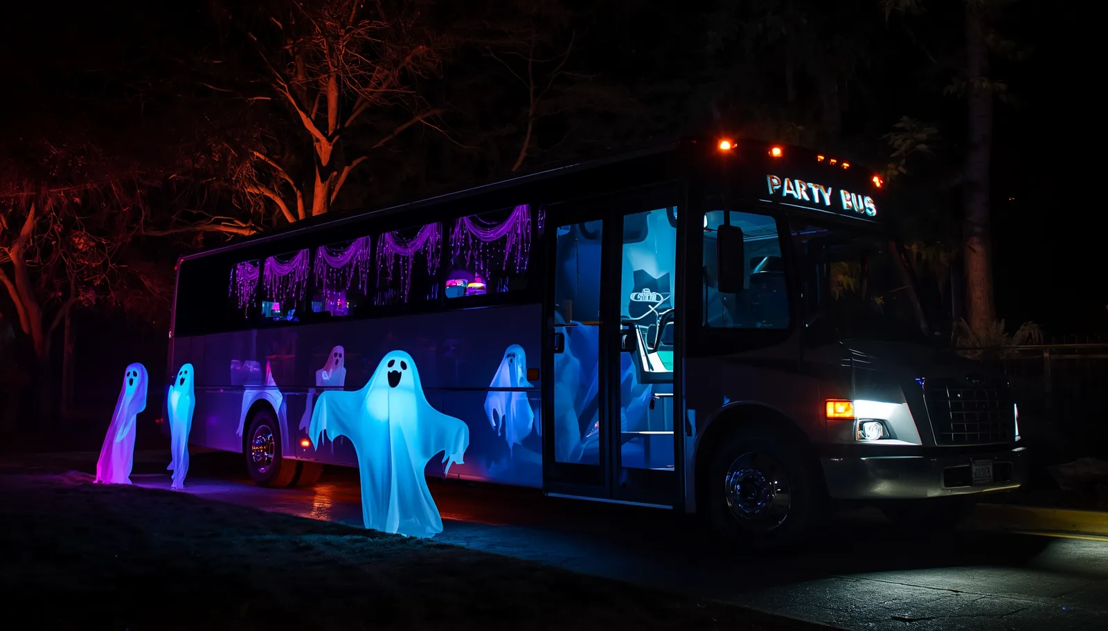 Group of adults in Halloween costumes arriving by party bus at the National Zoo for Night of the Living Zoo Washington DC 2026