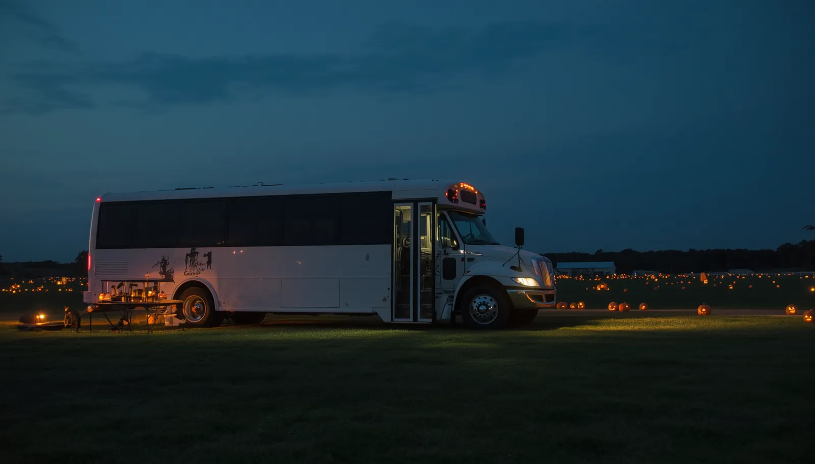 Party bus transporting a group from Baltimore to Pennhurst Asylum in Spring City Pennsylvania for a Halloween road trip 2026