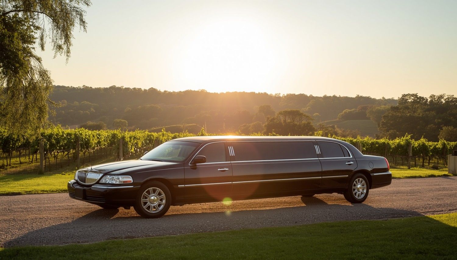 Private limo parked outside a Virginia wine country vineyard in Loudoun County during a wine tour