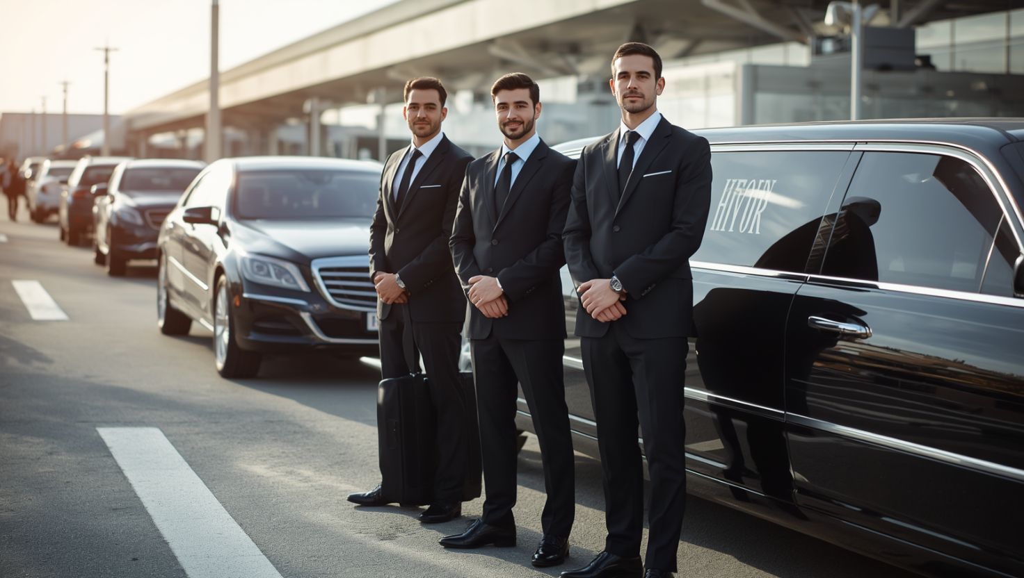 Private black car service picking up passengers outside Washington DC Union Station for a trip to Dulles Airport