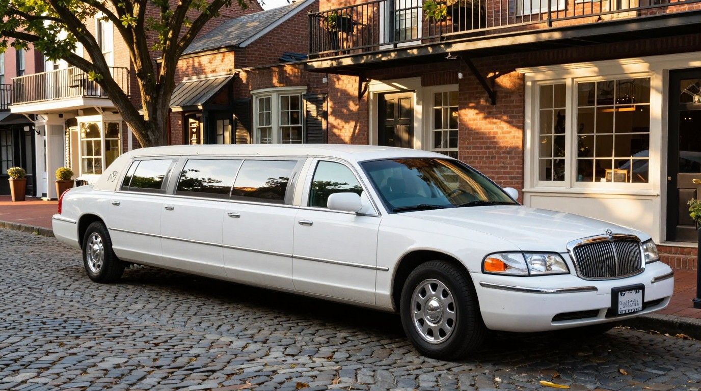 White stretch limo parked near King Street in Old Town Alexandria, VA