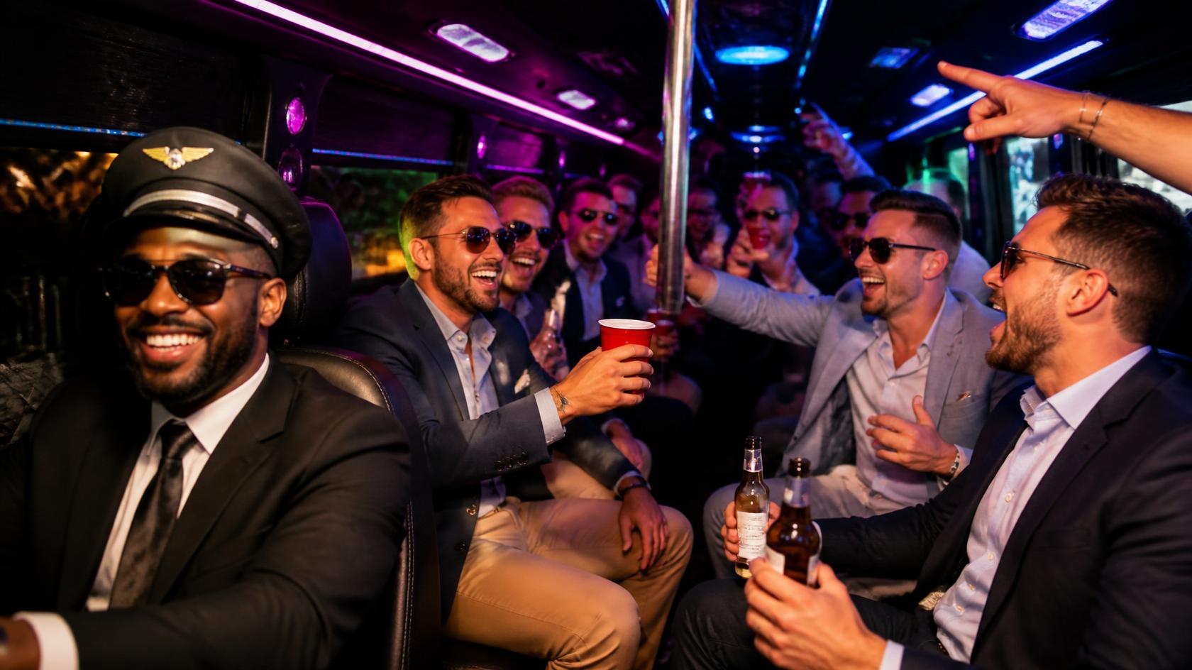 Bachelorette group boarding a party bus between stops