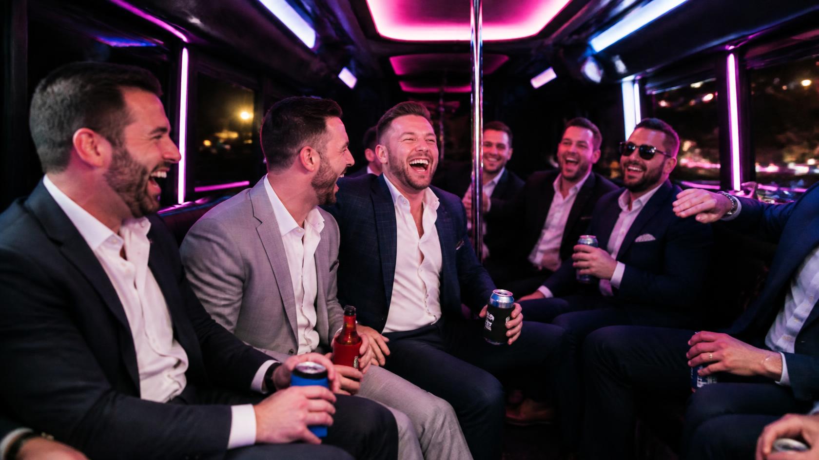 Bachelor party group boarding a party bus in Washington DC