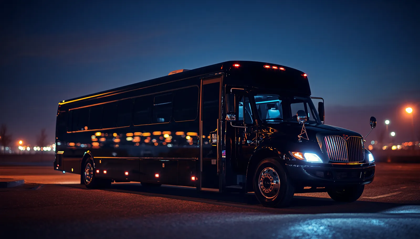 Black limo party bus with bokeh lighting for a DC birthday celebration