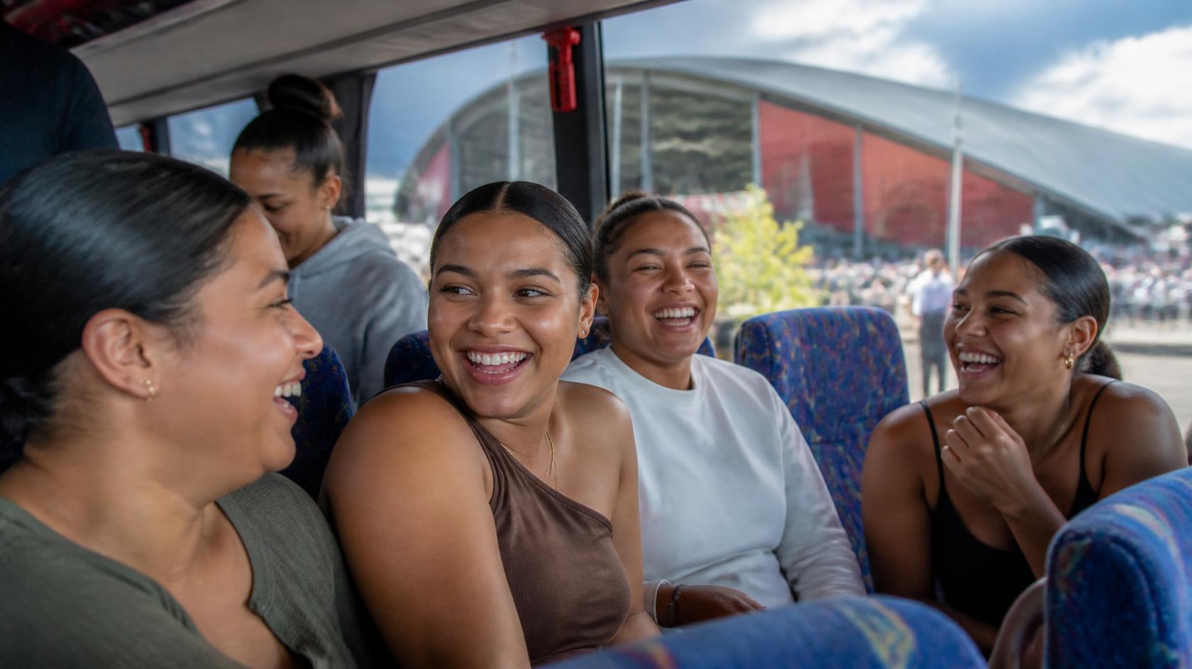 Party bus interior with a group heading to a waterfront concert at Calvert Marine Museum