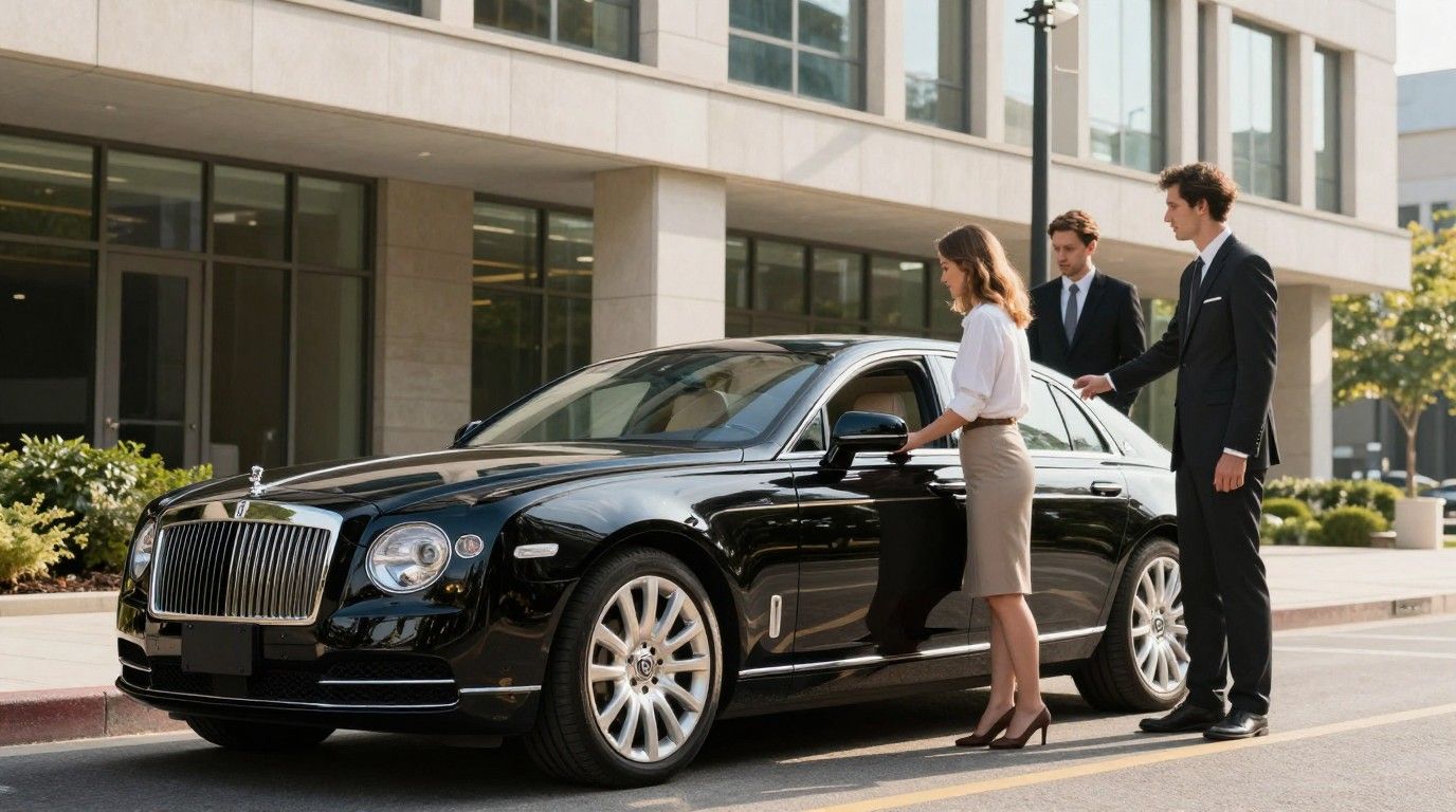 Black executive car service picking up a business traveler in downtown Bethesda, MD