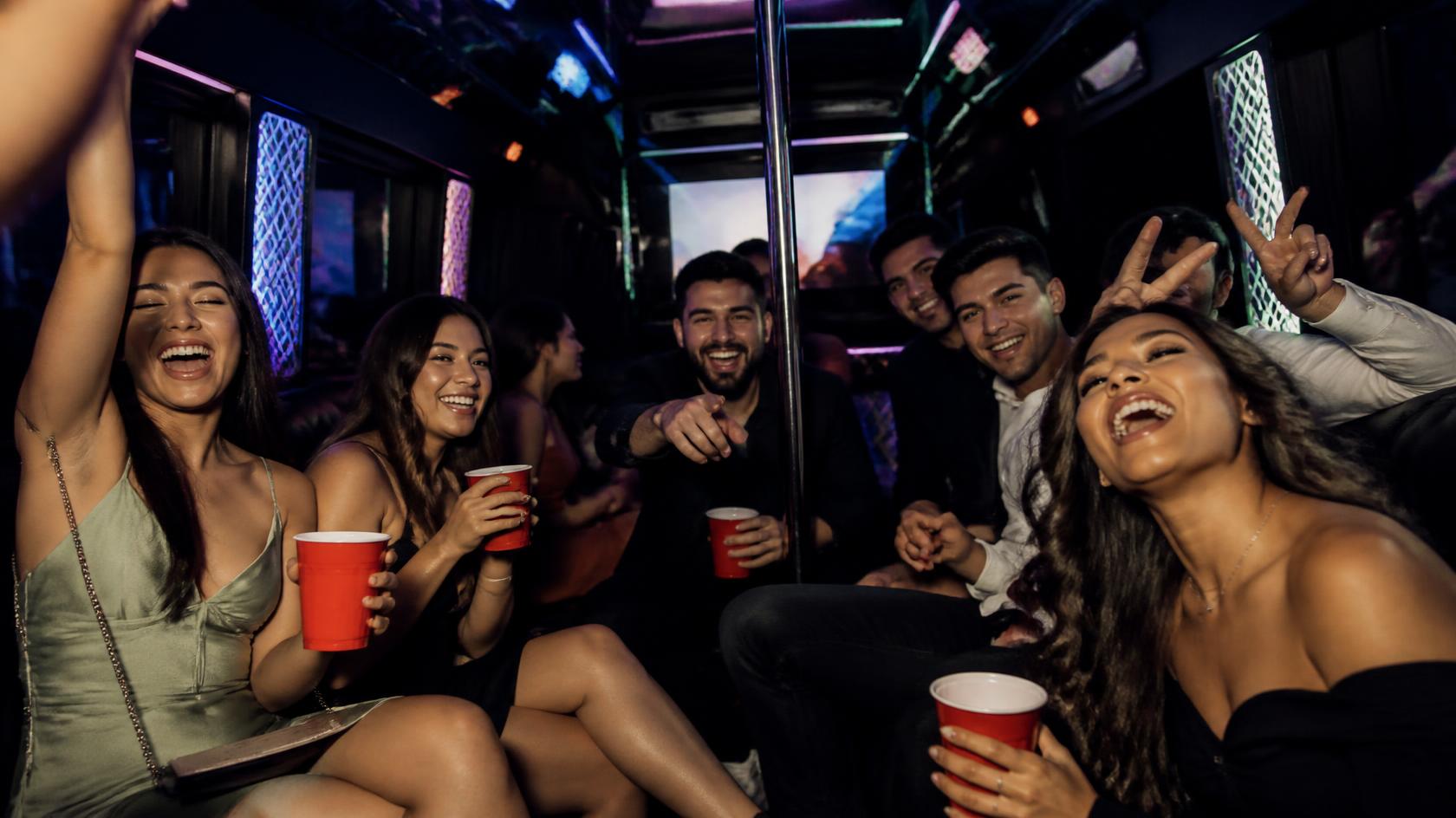 Interior of a Bayside Limousines party bus set up for a wedding or birthday group