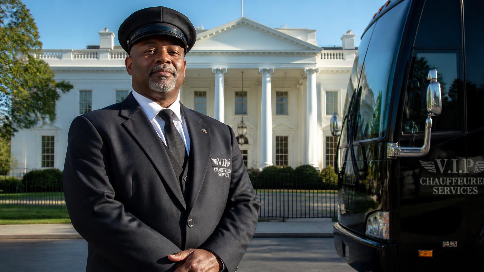 Party bus and chauffeur outside the White House area in Washington DC for a group event
